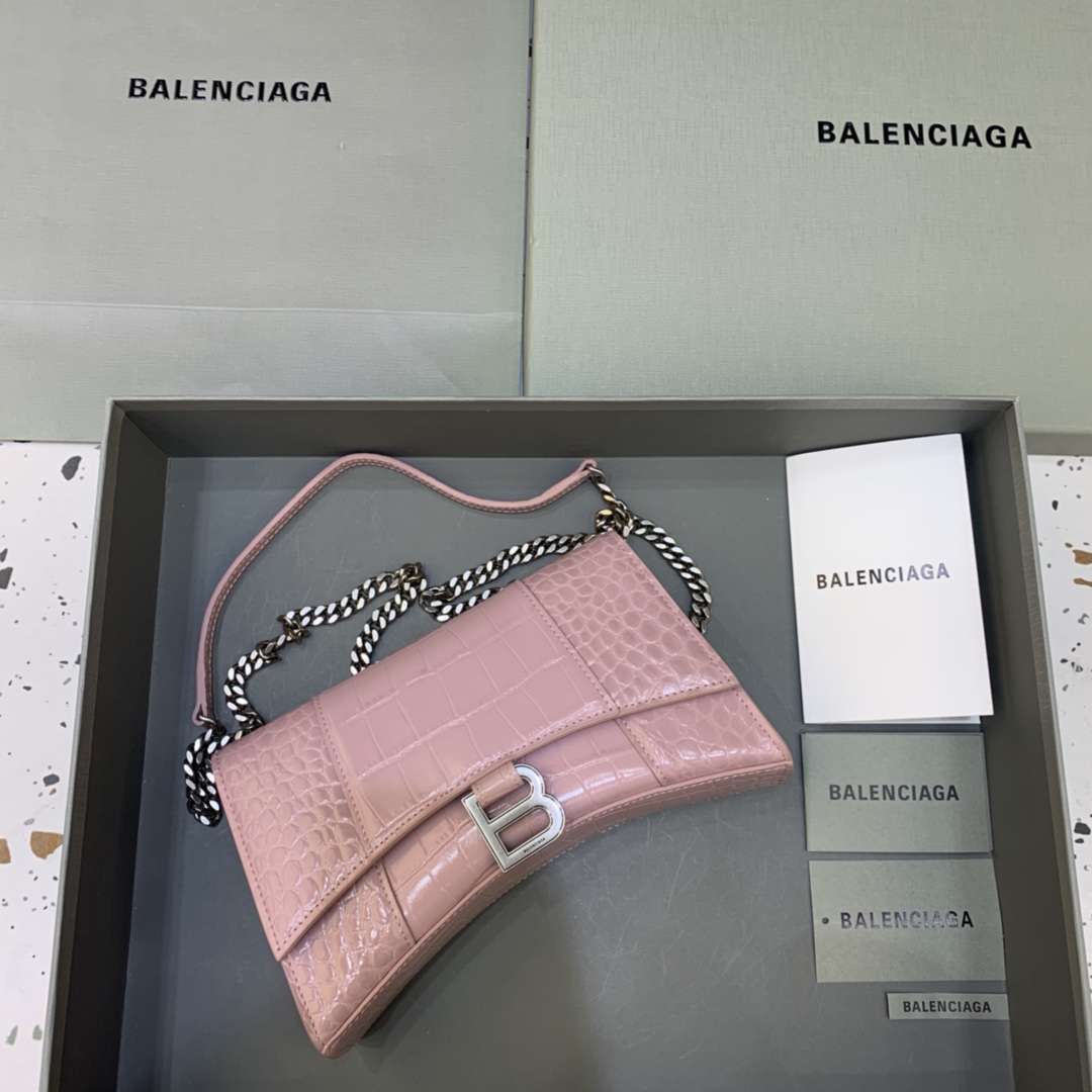 Balenciaga Big Hourglass Wallet With Chain Crocodile Embossed Shoulder Bag Light Pink